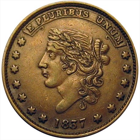 LOW  34 / HT49 R1 EF 1837 Liberty / Not One Cent For Tribute