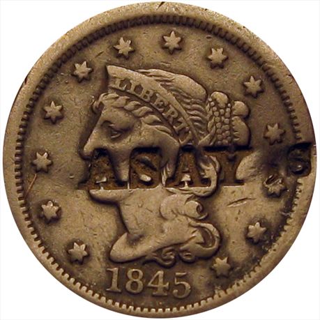 ASAY s on the obverse of an 1845 Large Cent VF coin FINE. (<25)	