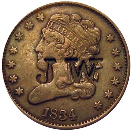 J W on the obverse of an 1834 Half Cent