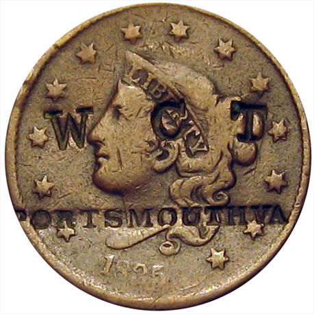 W C T / PORTSMOUTH VA on the obverse of an 1835 Large Cent Virginia