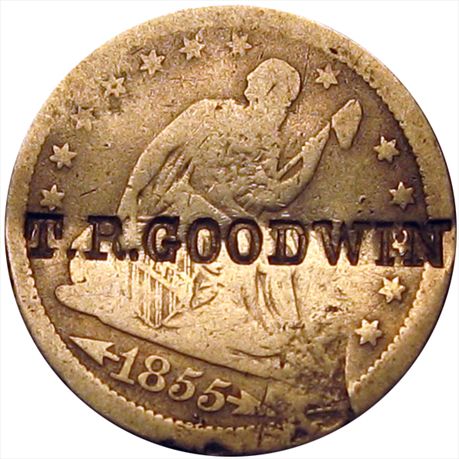 T. P. GOODWIN on the obverse of an 1855 With Arrows Seated Liberty Quarter 