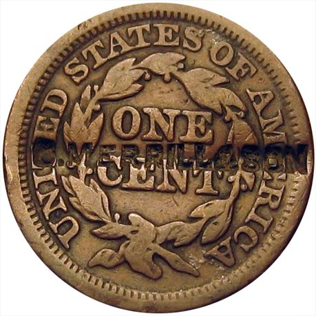 C. MERRILL & SON on the obverse of an 1847 Large Cent VF coin FINE. (25-50)