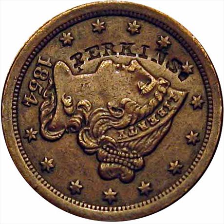 PERKINS. in a curved punch on the obverse of an 1854 Half Cent