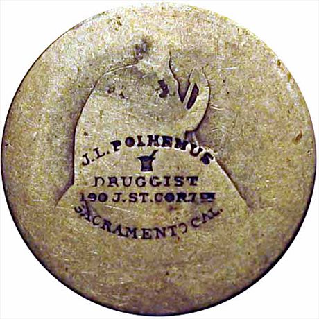 J. L. POLHEMUS / DRUGGISTS / SACRAMENTO CAL. on New Orleans Mint Half Dollar