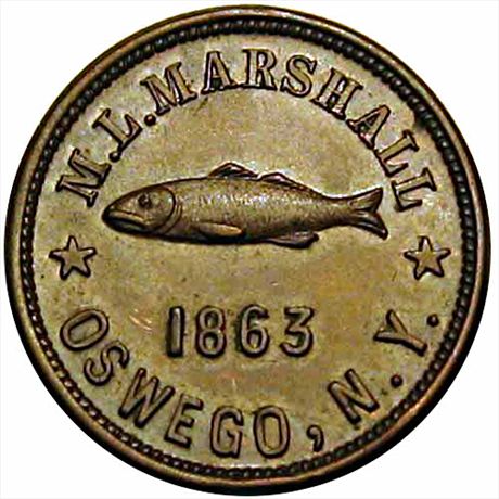 260  -  NY695A-2a  R1  AU+ Fish Coin Dealer Oswego New York Civil War Token