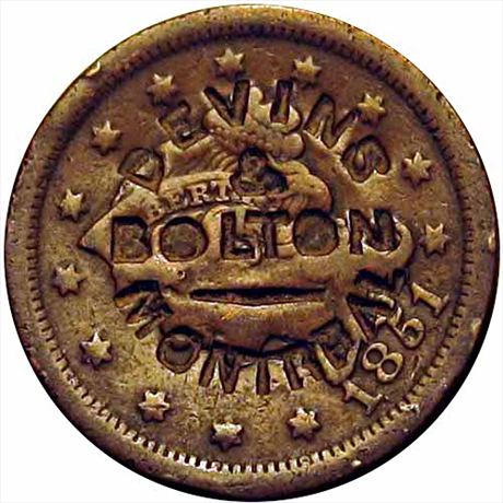 518  -  DEVIN / & / BOLTON / --- / MONTREAL    VF Counterstamped 1851 Large Cent