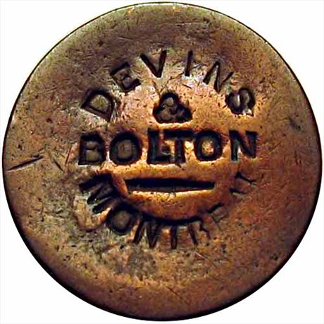 520  -  DEVIN / & / BOLTON /-/ MONTREAL    VF Counterstamped English Half Penny