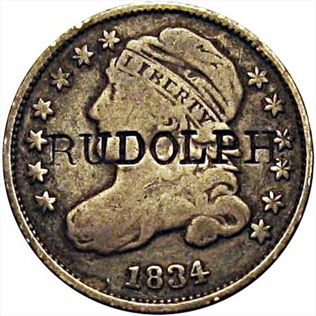 532  -  RUDOLPH Nevada City California Counterstamped 1834 Capped Bust Dime