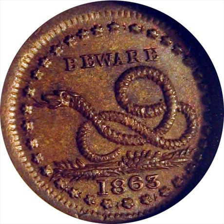 68  -  136/397 a  R1 NGC MS65 Copperhead Snake Patriotic Civil War token