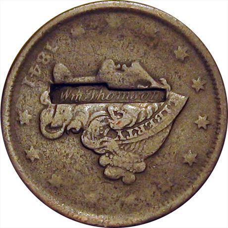 555  -  Wm Thomson in form fitting depression on 1841 Large Cent