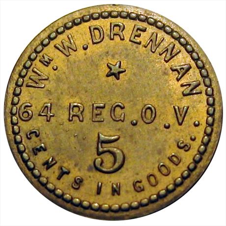 144  -  OH AC- 5 B  R8  AU+ 64th Ohio Volunteers Civil War Sutler token