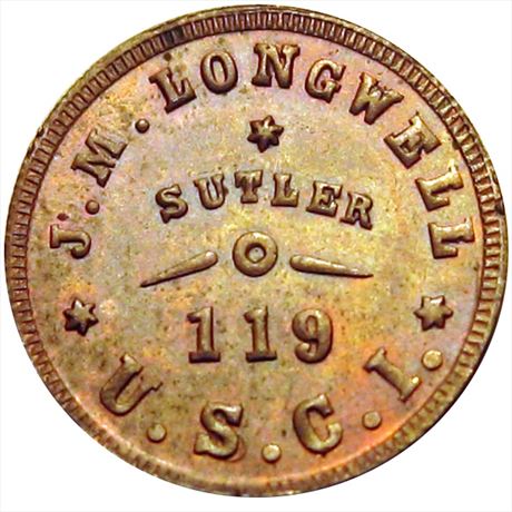 148  -  NL  R-  C  R9  MS62 119th US Colored Infantry Civil War Sutler token