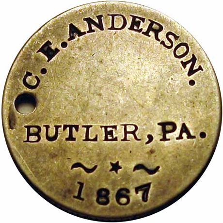 379  -  C. E. ANDERSON. / BUTLER, PA. / ~*~ / 1867 on Seated Liberty Quarter