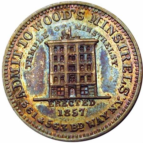 566  -  MILLER NY  964   MS63 Wood's Minstrels Silver New York Merchant token