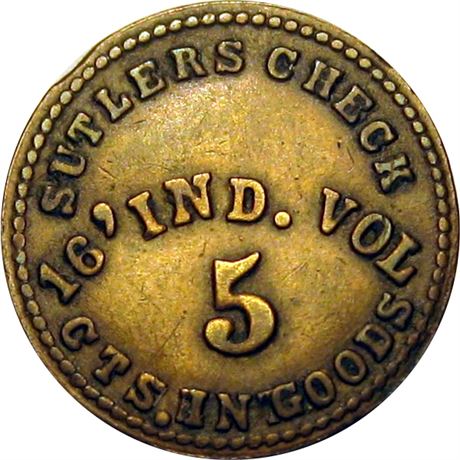 65  -  IN D- 5 Ba  R8  VF Indiana Civil War Sutler token
