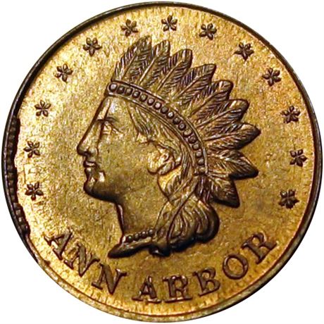 159  -  MI040B-2do R8 Raw MS64 Over Indian Cent Ann Arbor MI Civil War token