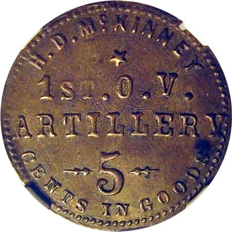 92  -  OH  B-5 B R7 NGC AU55 1st Ohio Artillery Civil War Sutler token