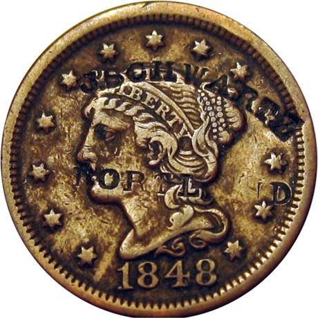410  -  J. SCHWARTZ (curved) / PORTLAND on the obverse of an 1848 Large Cent