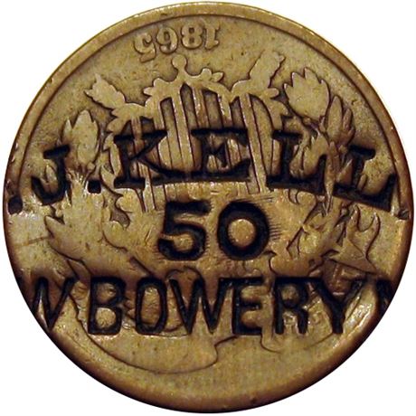 387  -  . J. KELL / 50 / W BOWERY on the obverse of an 1865 Two Cent Piece