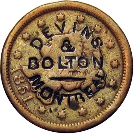 384  -  DEVINS / & / BOLTON / --- / MONTREAL on the obverse of 1851 Large Cent