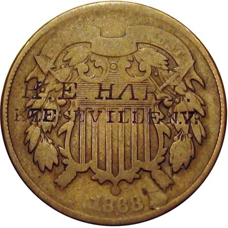 385  -  H. E. HART. / KEESEVILLE N.Y. on the obverse of an 1868  Two Cent Piece