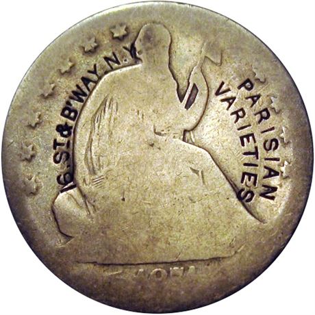 390  -  PARISIAN VARIETIES 16 St & BWAY NY on obverse of 1874 Seated Half Dollar