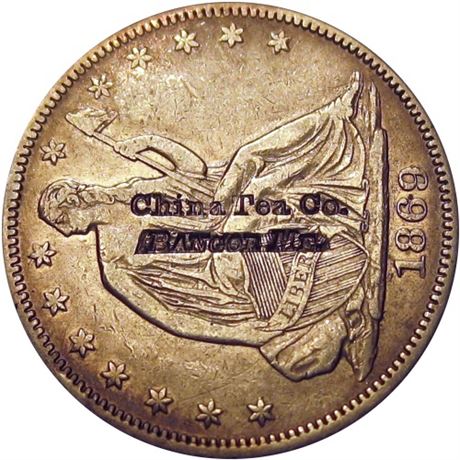 382  -  China Tea Co. / BANGOR ME. On the obverse of an 1869 Seated Half Dollar