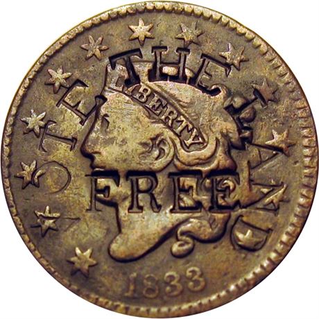 403  -  VOTE THE LAND / FREE on 1833 Large Cent Dewitt MVB 1848-3