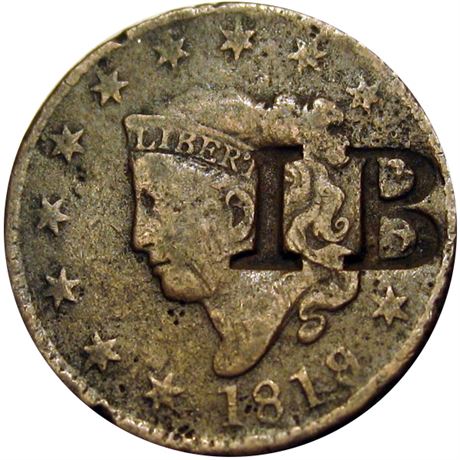 379  -  IB on the obverse of an 1819 Large Cent.  Raw VF