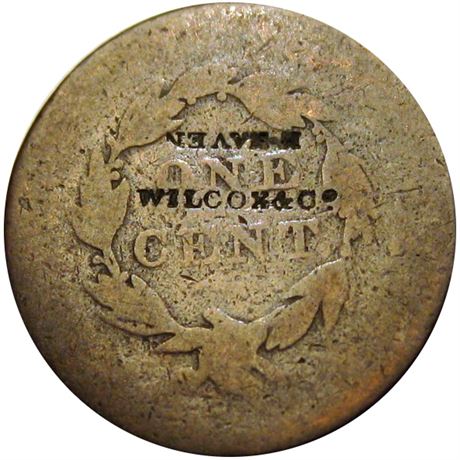 389  -  WILCOX & Co / N. HAVEN on the reverse of an 1820 Cent.  Raw FINE+
