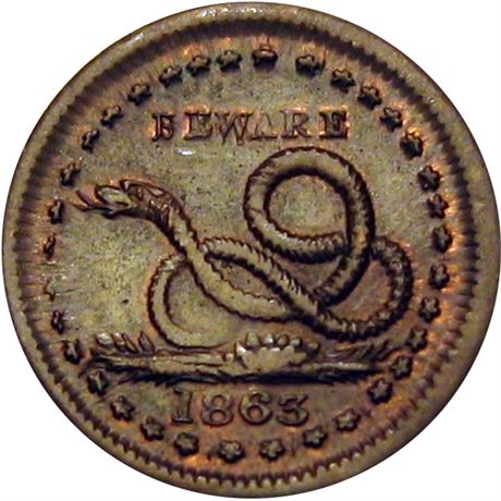 57  -  136/397 a R1 Raw AU Beware Copper Head Snake Patriotic Civil War token