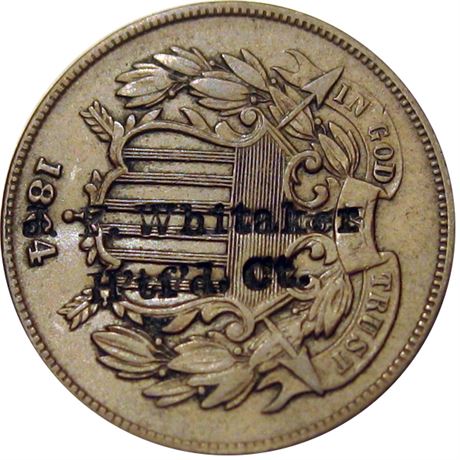 391  -  J. F. Whitaker / H'tf'd. Ct. on an 1864 Two Cent Piece.  Raw VF