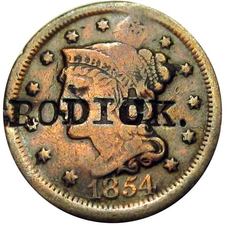 385  -  A. RODICK on both sides of 1854 Large Cent.  Raw VF