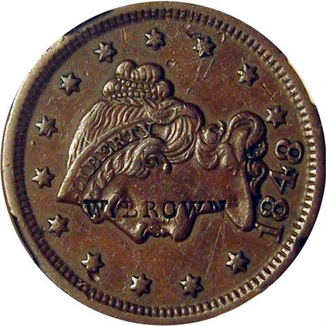 380  -  W. BROWN on the obverse of 1848 Large Cent.  NGC AU55 BN
