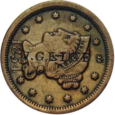 383  -  J. V. GEIGER on the obverse of 1854 Cent.  Raw VF