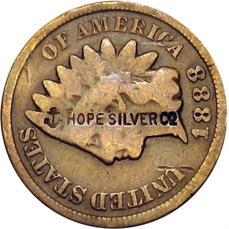 384  -  (Anchor) HOPE SILVER Co on the obverse of 1888 Cent.  Raw VF