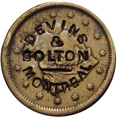 382  -  DEVINS / & / BOLTON / --- / MONTREAL on an 1856 Large Cent.  Raw VF