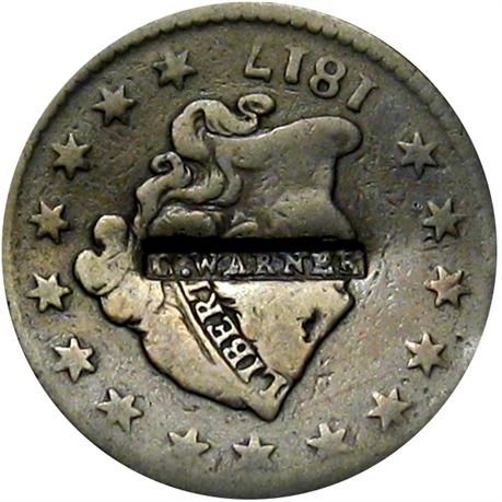 438  -  C. WARNER on obverse of 1817 Cent in a raised letter punch  Raw VF