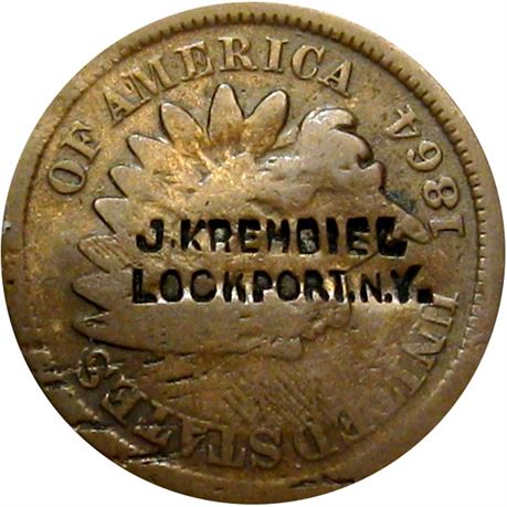 381  -  J. KREHBIEL LOCKPORT, NY. on 1864 Bronze Cent with COLUMBUS, O. Raw VF
