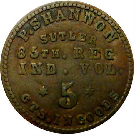 171  -  IN-85-5B R9 Raw VF Details 85th Indiana Civil War Sutler token