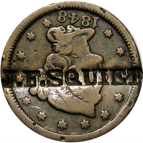 421  -  J. F. SQUIRE on obverse of 1848 Cent  Raw VF