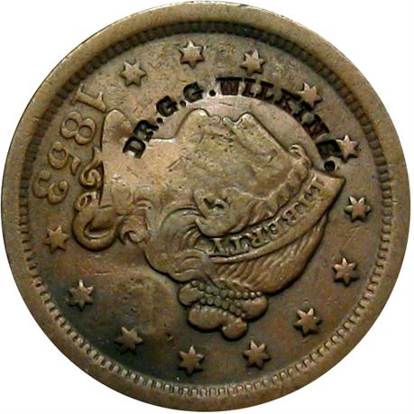 456  -  DR. G. G. WILKINS. Curved on 1853 Large Cent with 1876 Raw EF