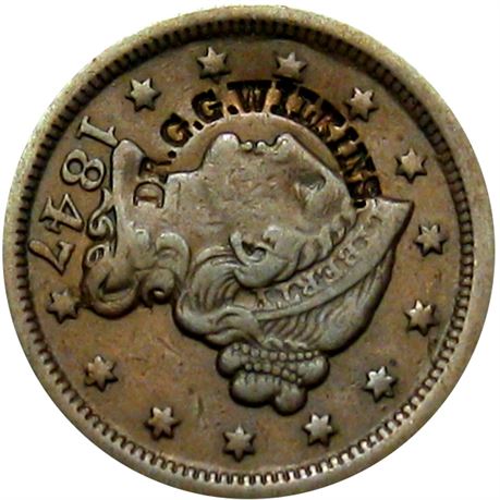 452  -  DR. G. G. WILKINS. Curved on the obverse of an 1847 Large Cent  Raw EF