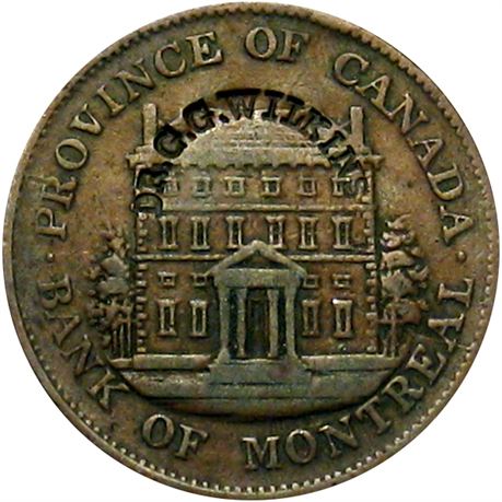 449  -  DR. G. G. WILKINS. Curved on 1844 Canadian Bank Token Raw VF