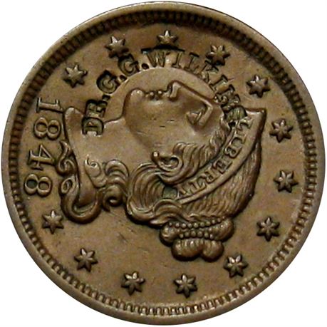 453  -  DR. G. G. WILKINS. Curved on the obverse of an 1848 Large Cent  Raw EF