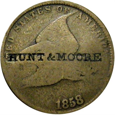 378  -  HUNT & MOORE on obverse of 1858 Cent with J.M.L. on reverse  Raw VF