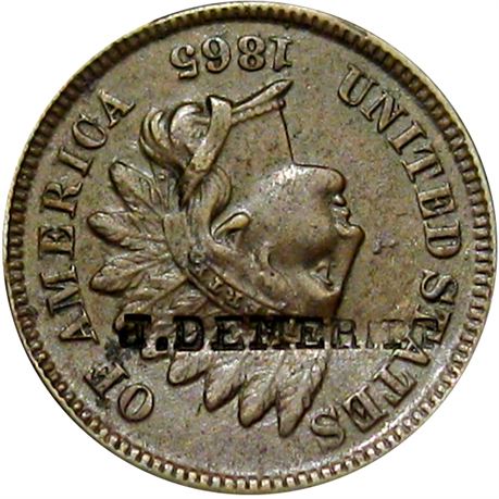 351  -  J. DEMERITT on obverse of 1865 Cent  Raw EF