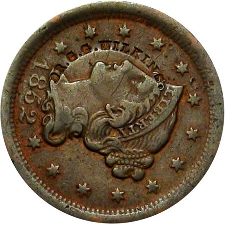 454  -  DR. G. G. WILKINS. Curved on the obverse of an 1852 Large Cent  Raw VF