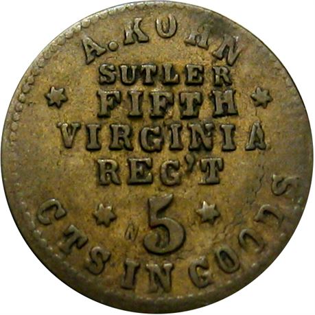 183  -  VA-5-5Bb R9 Raw VF 5th Virginia Civil War Sutler token