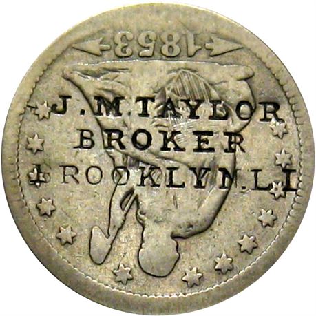 429  -  J. M. TAYLOR / BROKER / BROOKLYN. L. I. on 1853 Seated Quarter  Raw VF